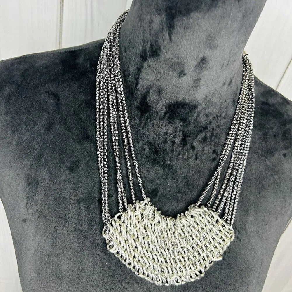 Silver Tone Chain Mail Bib Multi-Strand Necklace 20